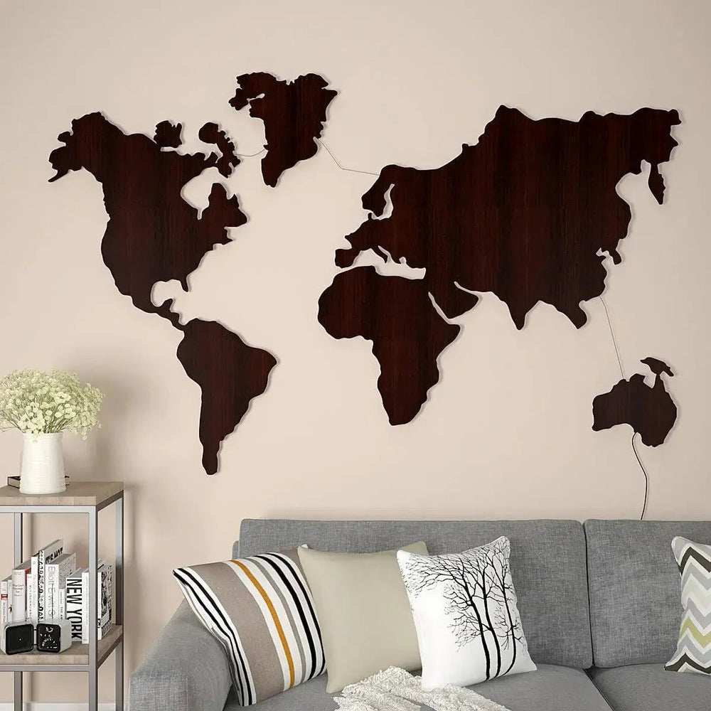 World Map Backlit Wood Wall Décor / Night Light, Walnut Finish - All India Decor