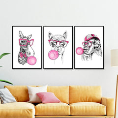 Perky Bubble Gum Animal Wall Frame Set of 3 - All India Decor