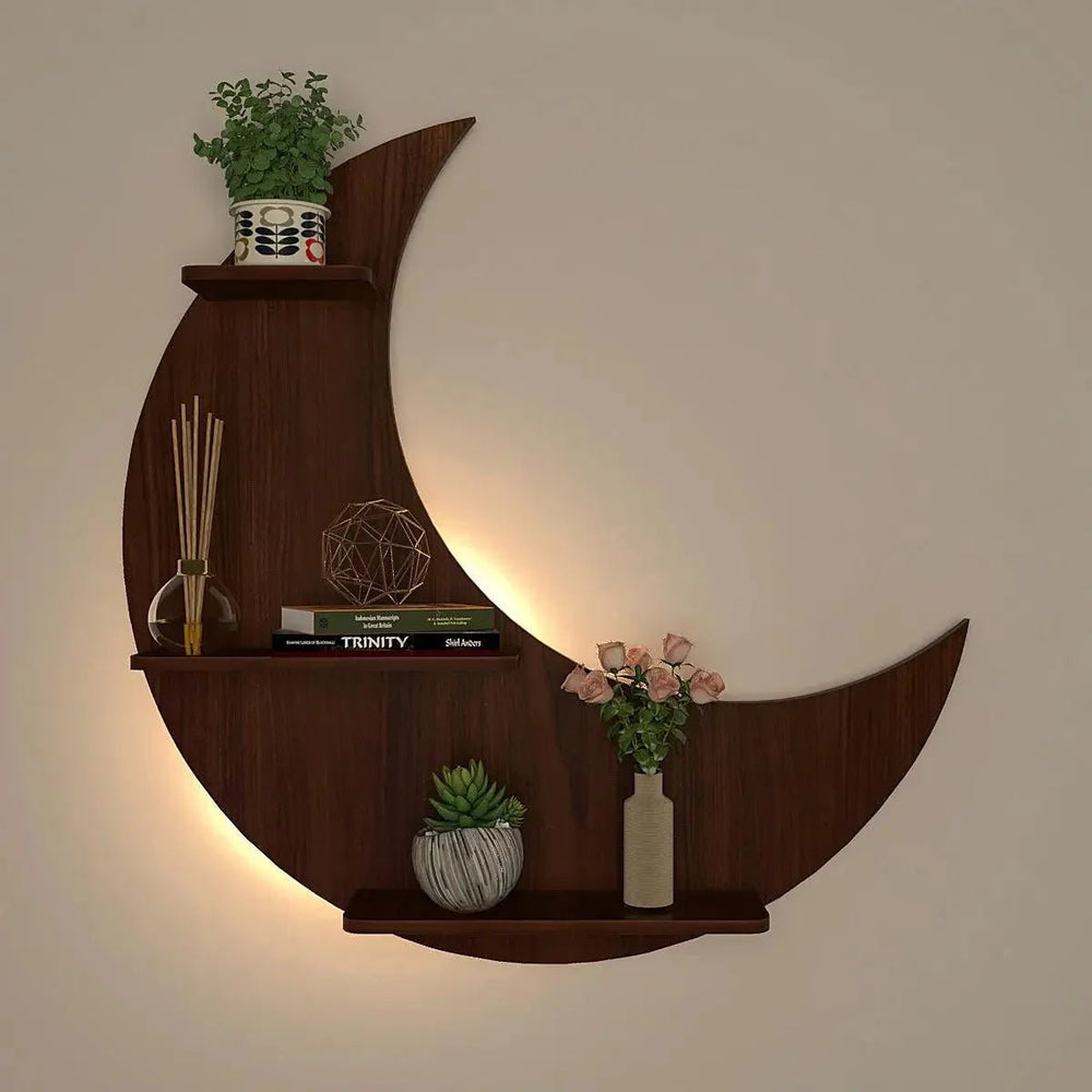 Moon Backlit Wood Wall Shelf / Book Shelf, Walnut Finish - All India Decor