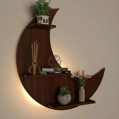 Moon Backlit Wood Wall Shelf / Book Shelf, Walnut Finish - All India Decor