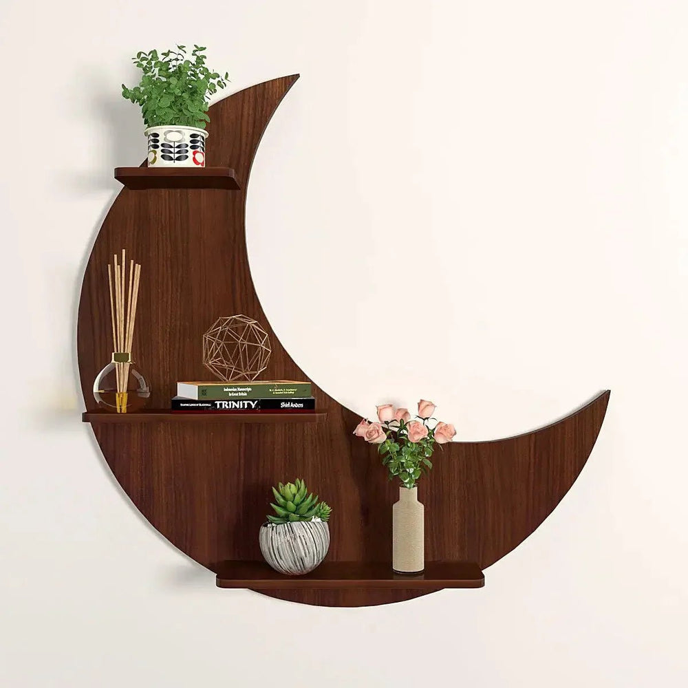 Moon Backlit Wood Wall Shelf / Book Shelf, Walnut Finish - All India Decor