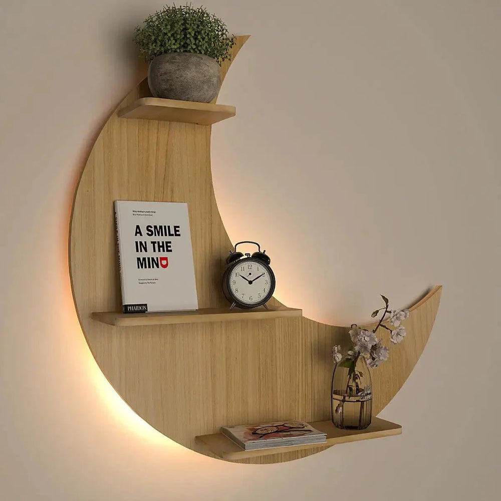Moon Backlit Wood Wall Shelf / Book Shelf, Oak Finish - All India Decor
