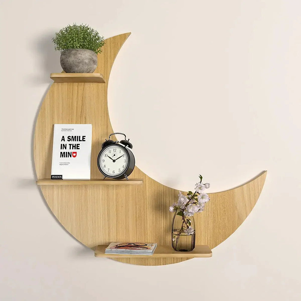 Moon Backlit Wood Wall Shelf / Book Shelf, Oak Finish - All India Decor