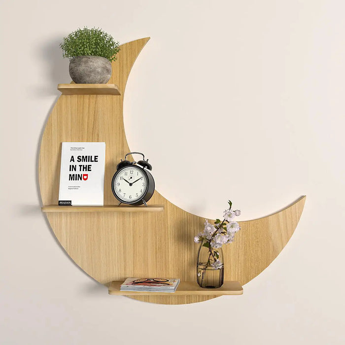 Moon Backlit Wood Wall Shelf / Book Shelf, Oak Finish