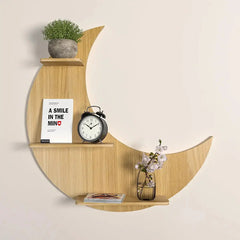 Moon Backlit Wood Wall Shelf / Book Shelf, Oak Finish - All India Decor