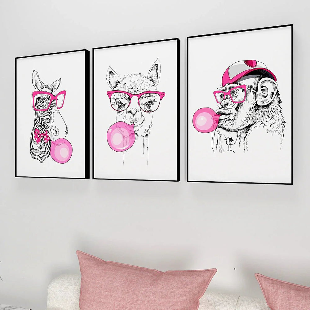 Perky Bubble Gum Animal Wall Frame Set of 3 - All India Decor