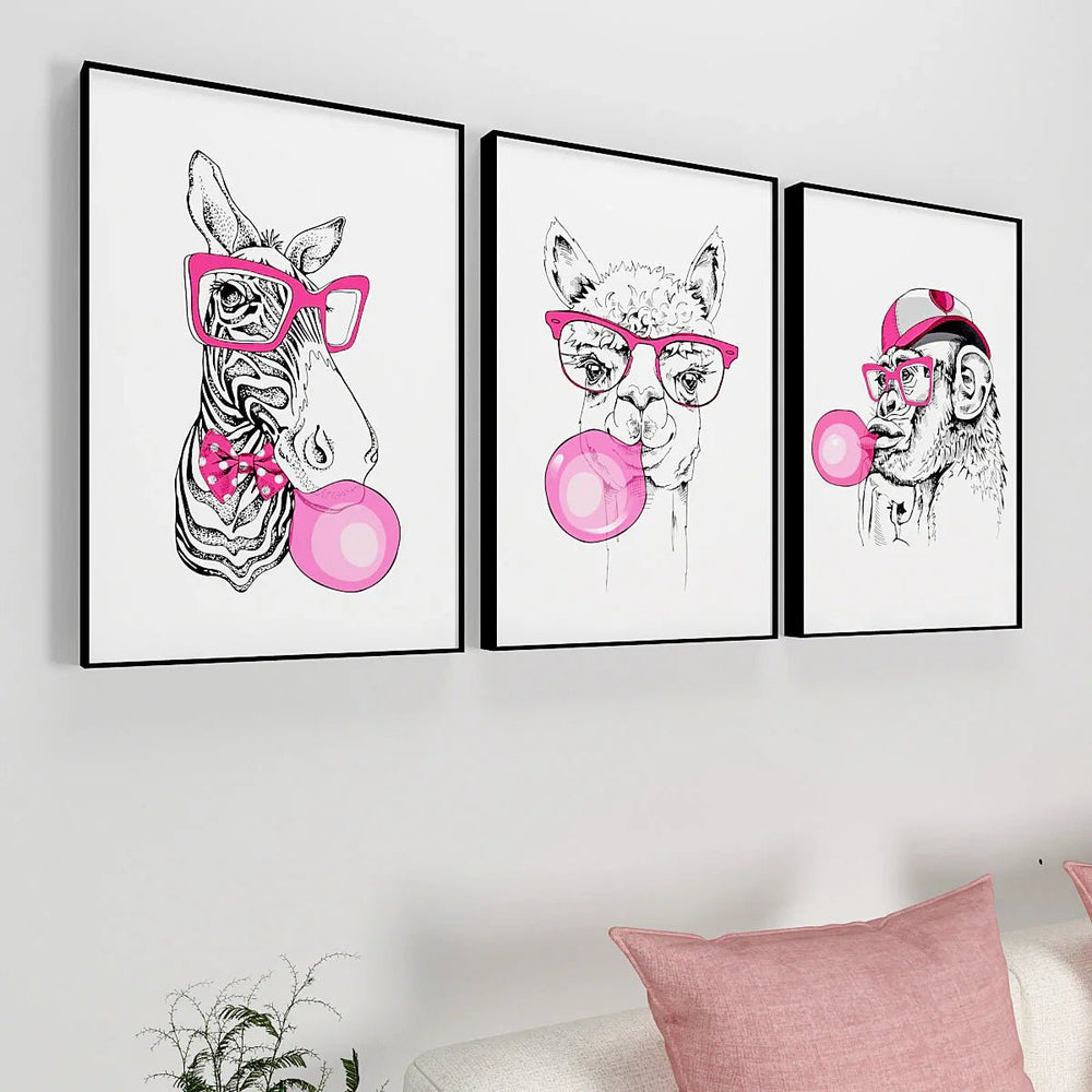 Perky Bubble Gum Animal Wall Frame Set of 3 - All India Decor