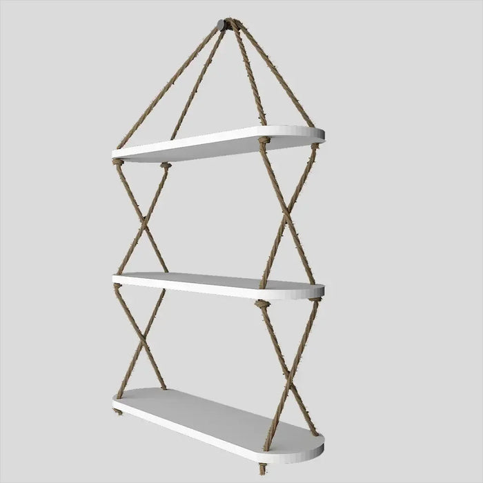 Wooden Wall Hanging Planter Shelf, Cross Rope with Three Layer (White Color)