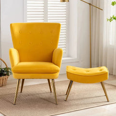 Tufted Long Back Yellow Lounge Chair With Ottoman - All India Decor