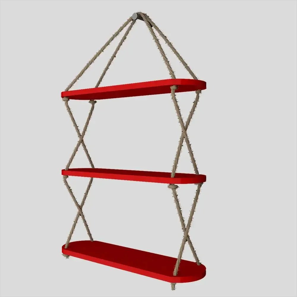 Wooden Wall Hanging Planter Shelf, Cross Rope with Three Layer (Red Color) - All India Decor