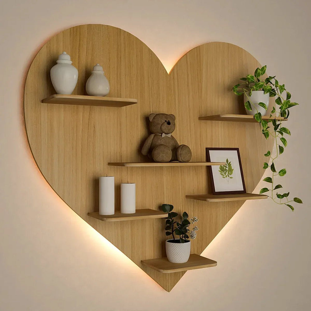 Heart Backlit Wood Wall Shelf / Book Shelf / Night Light, Light Oak Finish - All India Decor