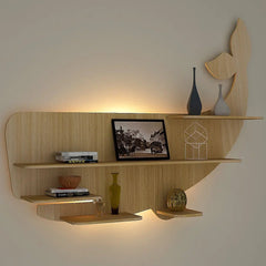 Whale Backlit Wood Wall Shelf / Book Shelf / Night Light, Light Oak Finish - All India Decor