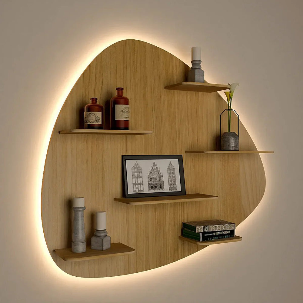 Abstract Shape Backlit Wood Wall Shelf / Book Shelf / Night Light, Light Oak Finish - All India Decor