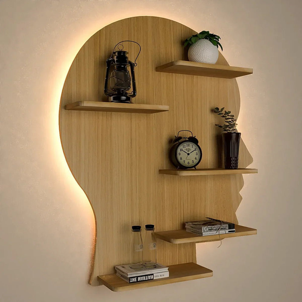 Man Face Backlit Wooden Wall Shelf / Book Shelves / Night Light, Light Oak Finish - All India Decor