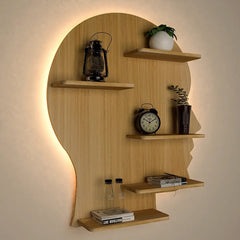 Man Face Backlit Wooden Wall Shelf / Book Shelves / Night Light, Light Oak Finish - All India Decor