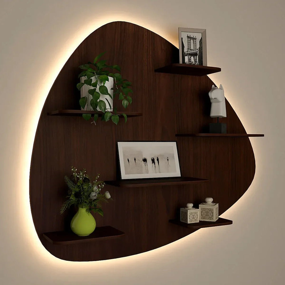 Abstract Shape Backlit Wood Wall Shelf / Book Shelf / Night Light, Walnut Finish - All India Decor