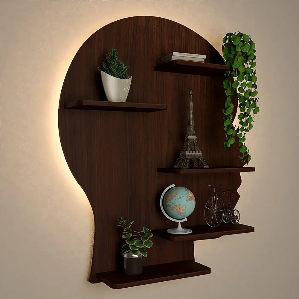 Man Backlit Wood Wall Shelf / Book Shelf, Walnut Finish - All India Decor