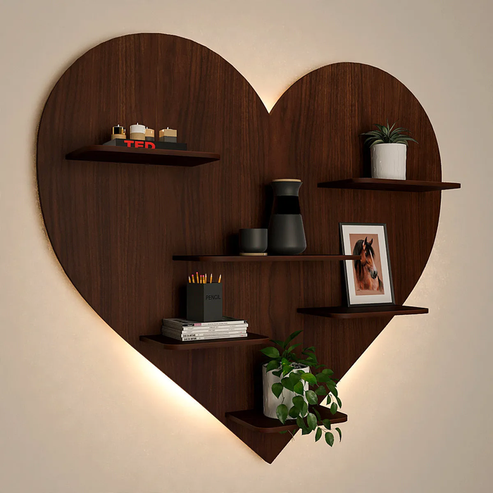 Heart Backlit Wood Wall Shelf / Book Shelf, Walnut Finish