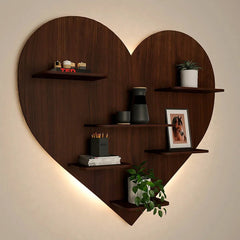 Heart Backlit Wood Wall Shelf / Book Shelf, Walnut Finish - All India Decor