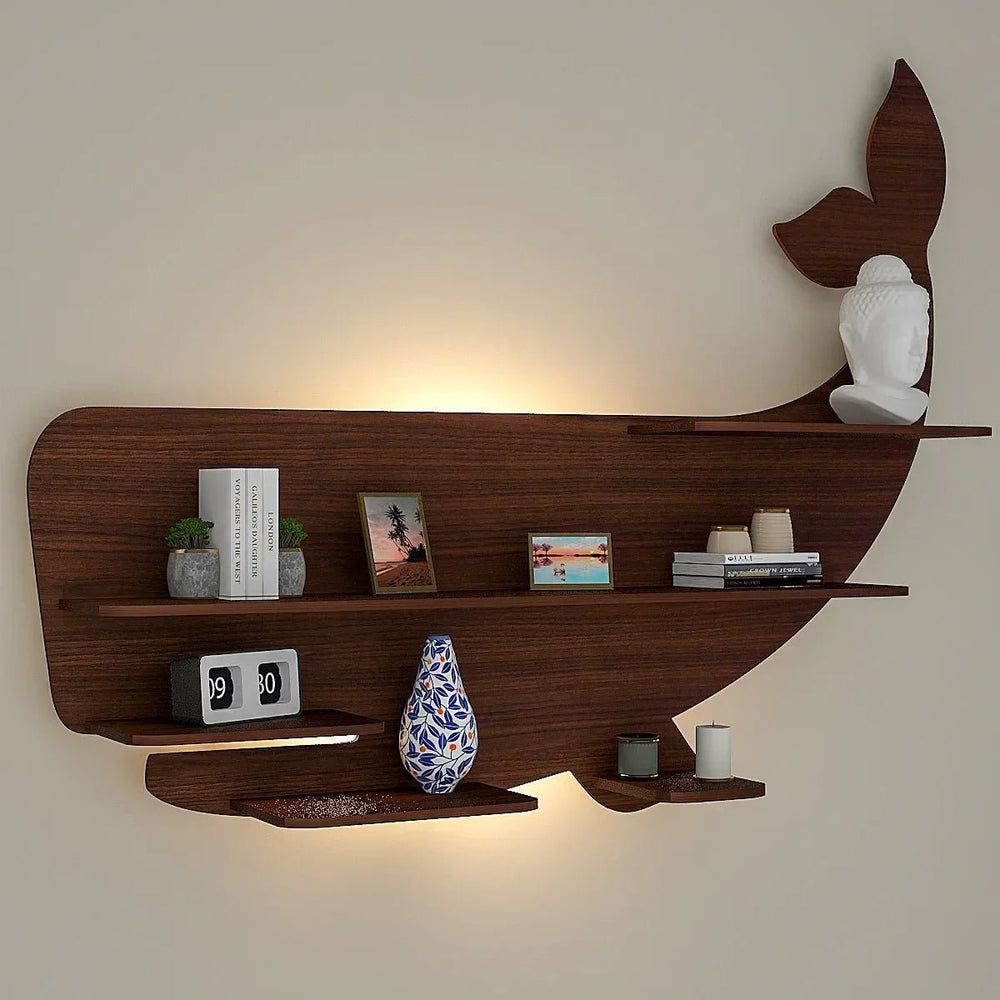 Whale Backlit Wood Wall Shelf / Book Shelf / Night Light, Walnut Finish - All India Decor