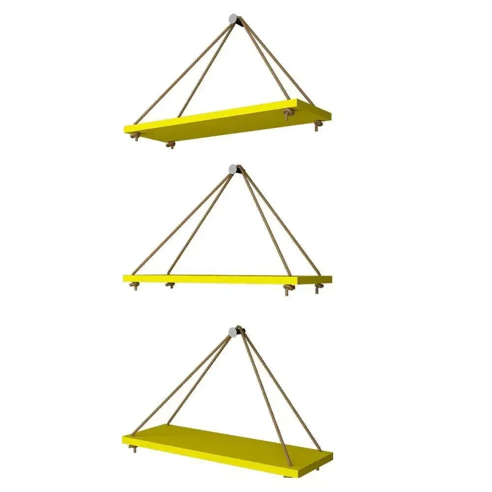 Wooden Wall Hanging Planter Shelf with Rope (Yellow, Set of 3) - All India Decor
