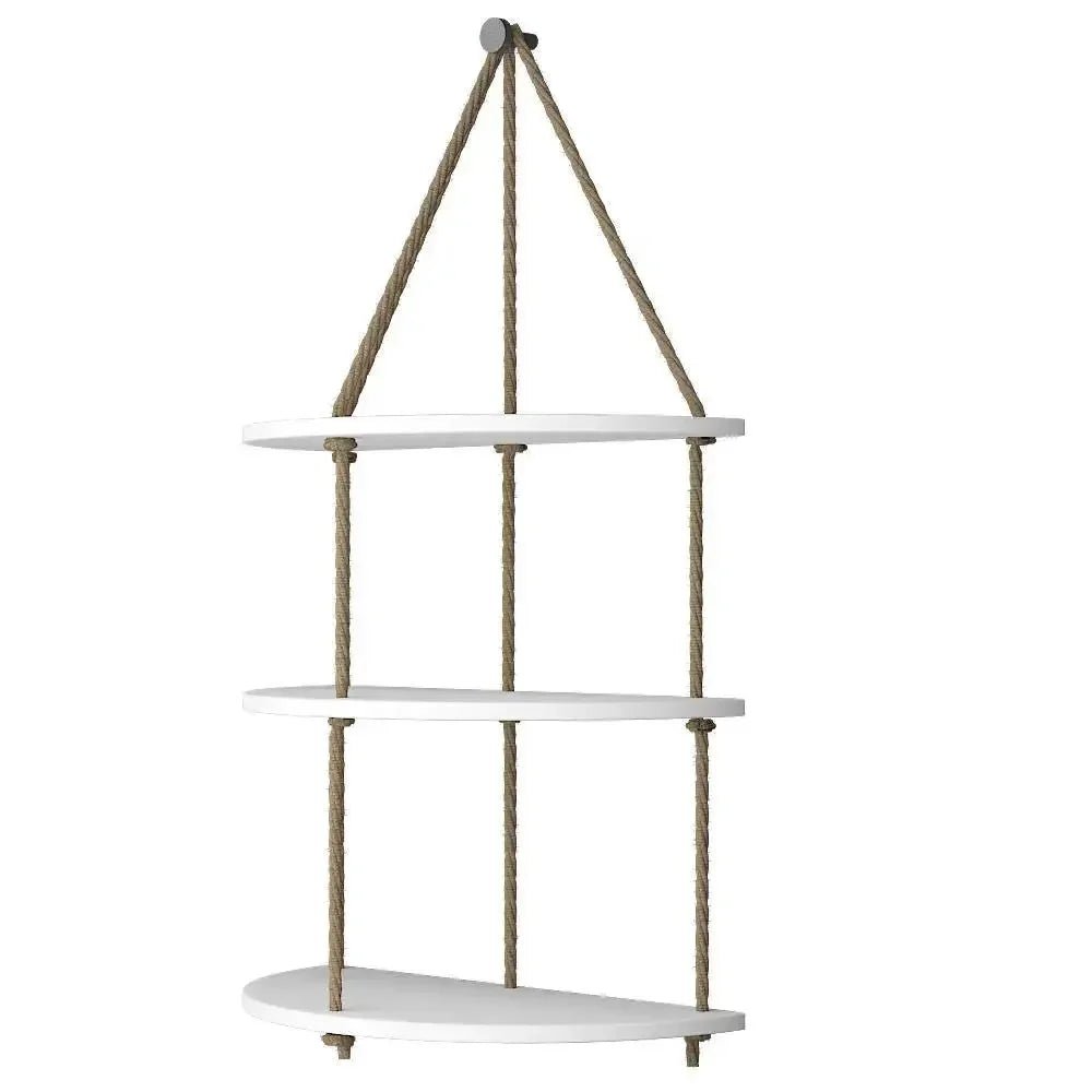 Wooden Wall Hanging Planter Shelf with Rope Three Layers(White) - All India Decor