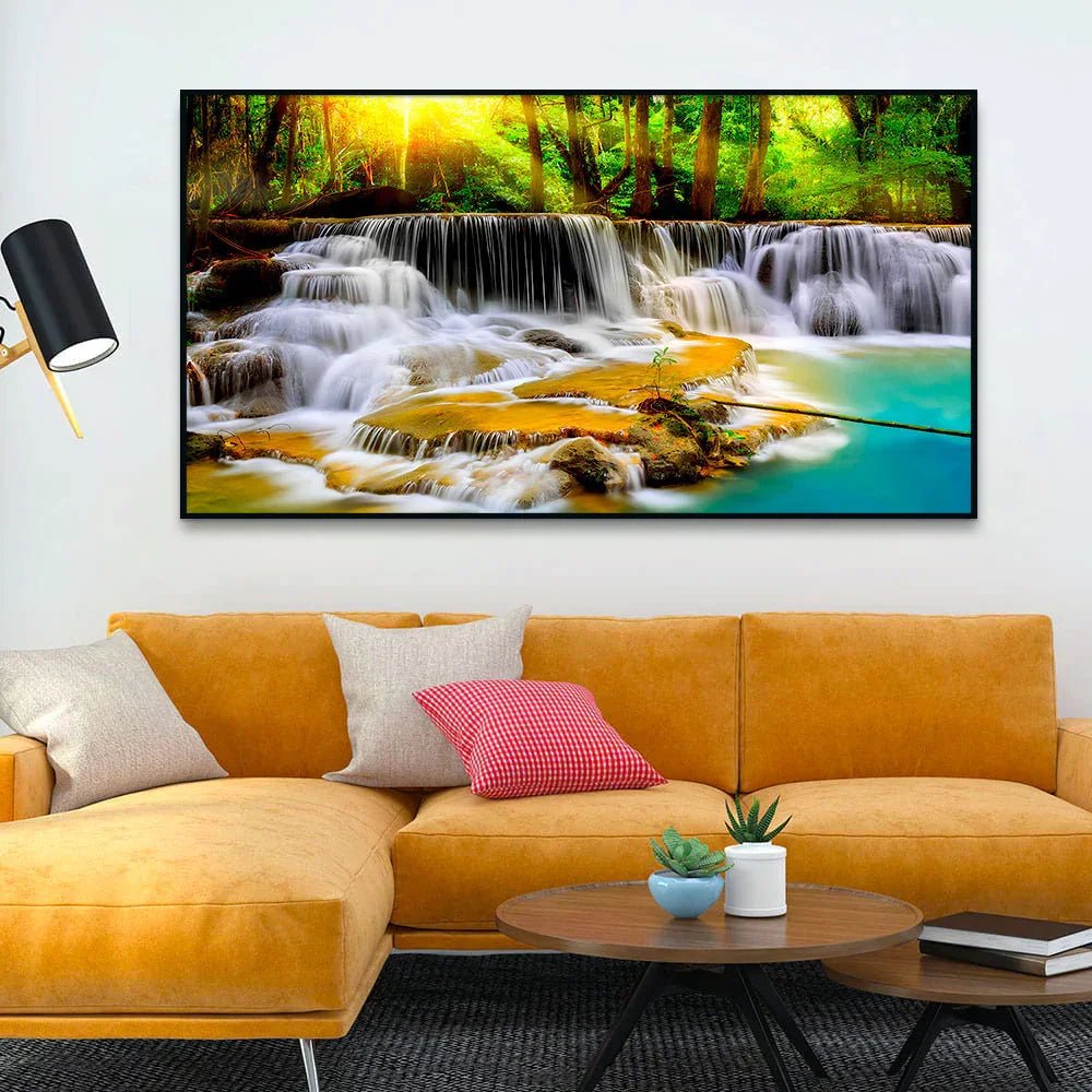 Beautiful Waterfall Stream In Green Trees Forest Background Nature Canvas Wall Paintings & Arts - All India Decor
