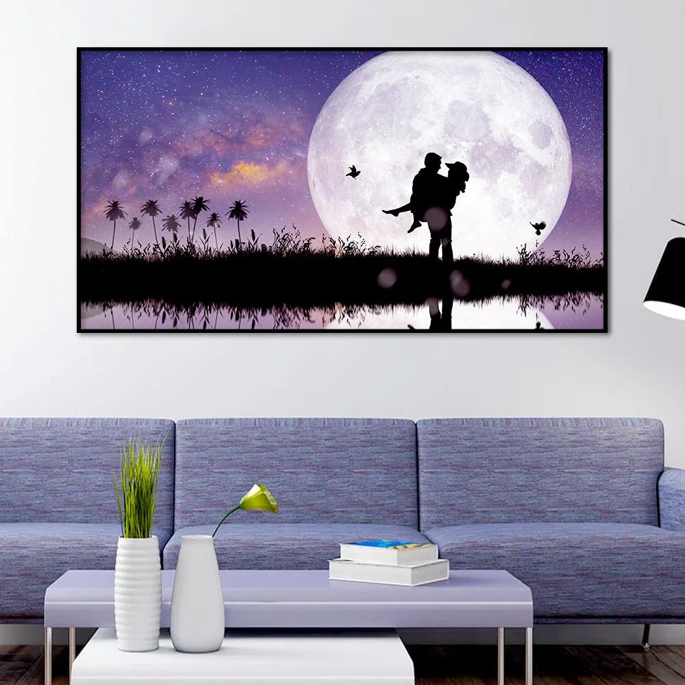 Couple Kissing Against The Full Moon, Unframed Premium Canvas Wall Paintings & Arts - All India Decor