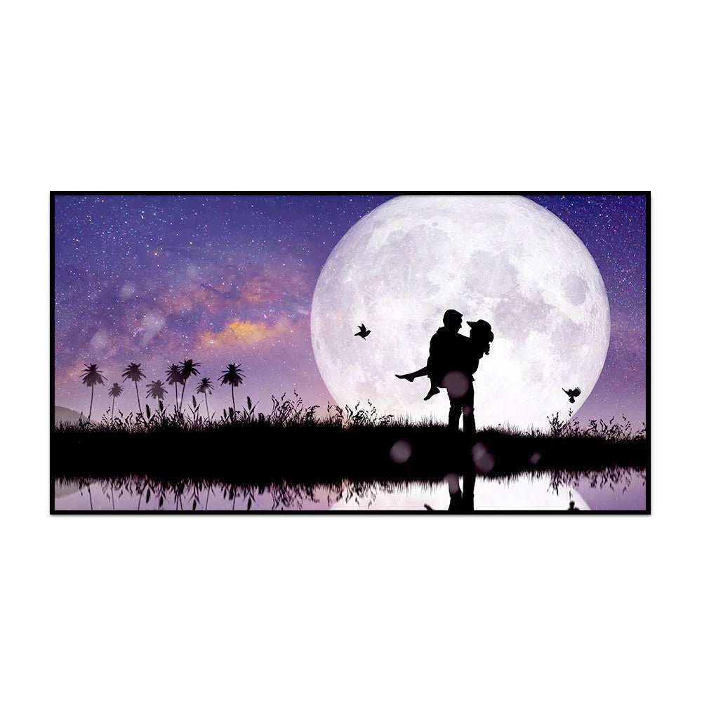 Couple Kissing Against The Full Moon, Unframed Premium Canvas Wall Paintings & Arts - All India Decor