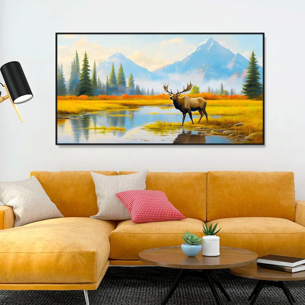 Beautiful Mountain and Moose Standing in A Marsh Canvas Printed Wall Paintings - All India Decor