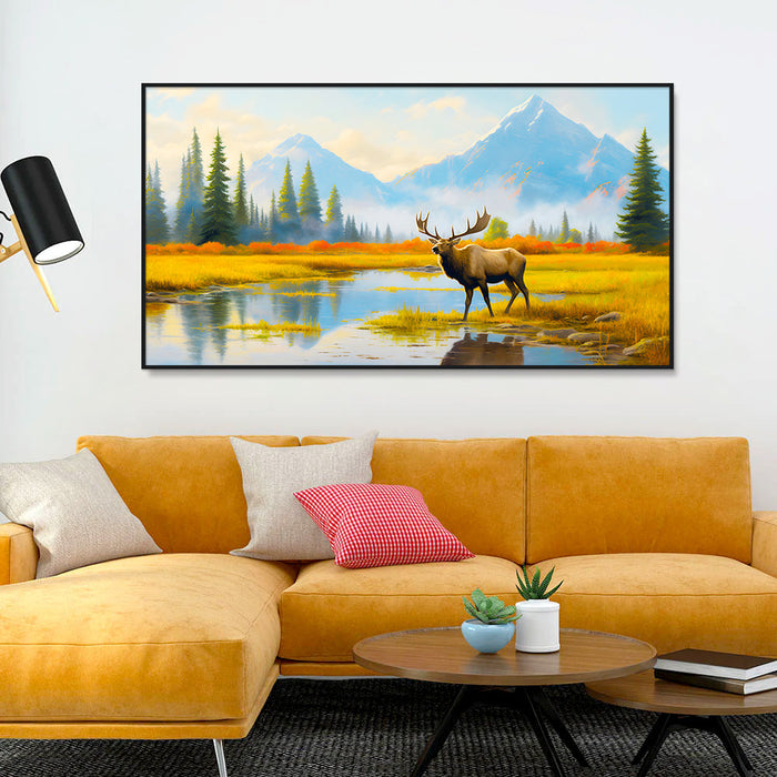 Beautiful Mountain and Moose Standing in A Marsh Canvas Printed Wall Paintings