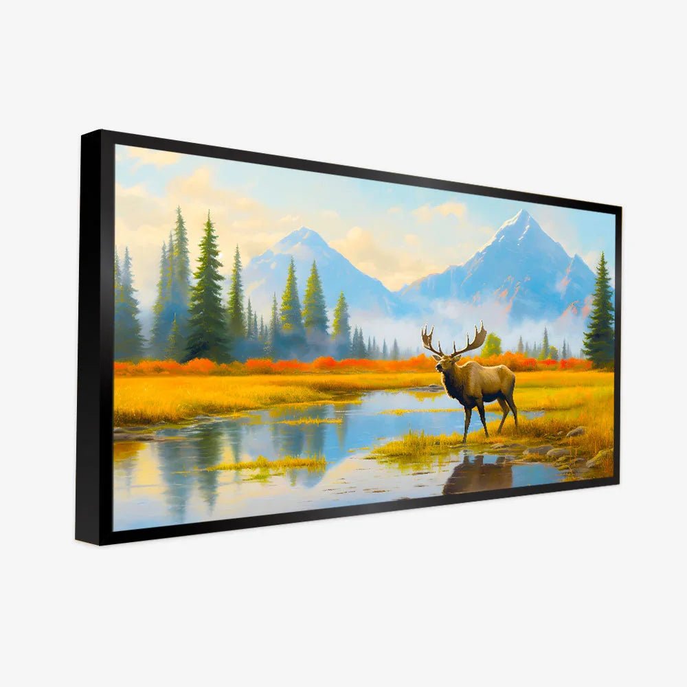 Beautiful Mountain and Moose Standing in A Marsh Canvas Printed Wall Paintings - All India Decor