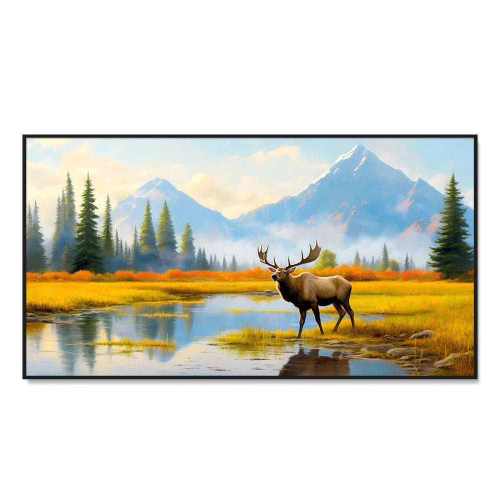 Beautiful Mountain and Moose Standing in A Marsh Canvas Printed Wall Paintings - All India Decor
