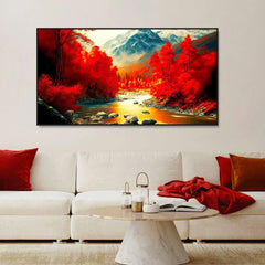 Beautiful Autumn Landscape in Red Yellow Tones with Bright Mountain River Wall Painting & Art - All India Decor