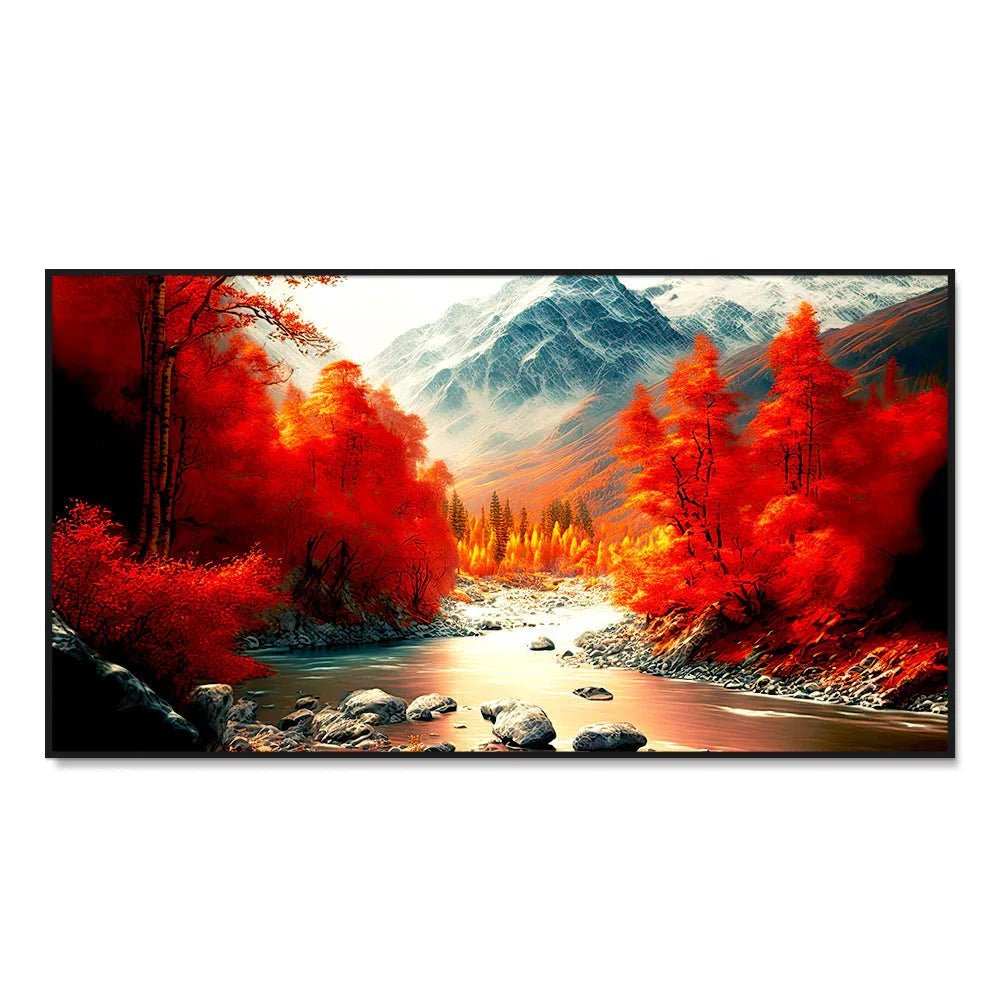 Beautiful Autumn Landscape in Red Yellow Tones with Bright Mountain River Wall Painting & Art - All India Decor