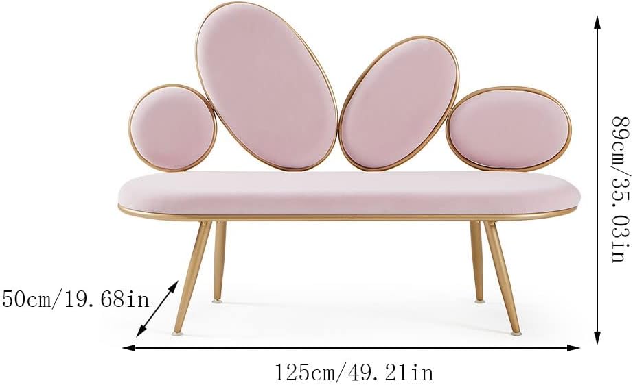 Pink bench with gold legs and measurements on a white background