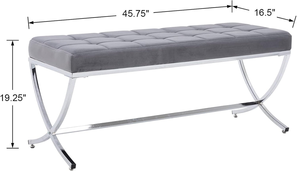 Gray tufted bench with chrome base and dimensions displayed