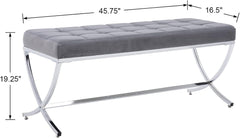 Gray tufted bench with chrome base and dimensions displayed