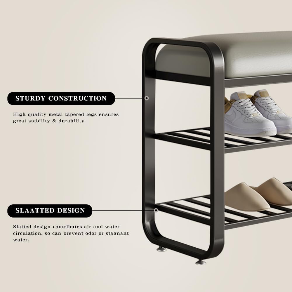 Shoe rack with slatted design and metal legs on a beige background