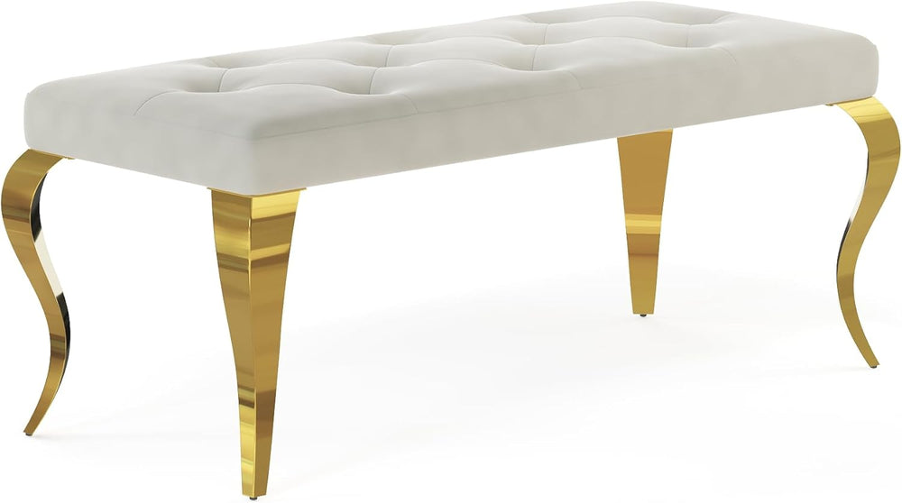 White tufted bench with gold legs on a white background