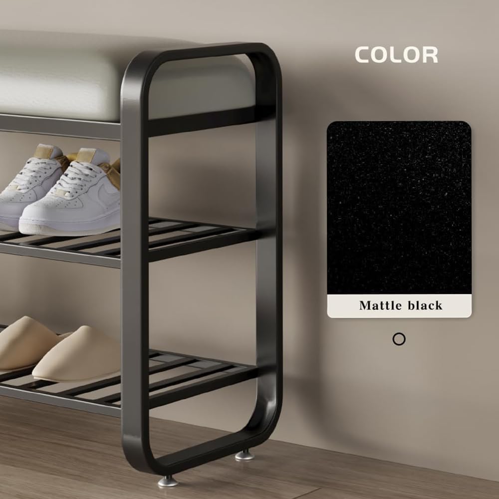 Black shoe rack with shoes on a neutral background, featuring a color swatch labeled 'Mattle black'.