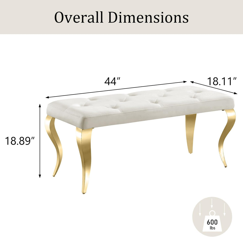 White tufted bench with gold legs and dimensions displayed