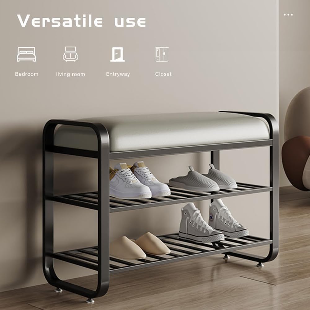 Shoe rack with shoes on a wooden floor in a room setting, indicating versatile use.