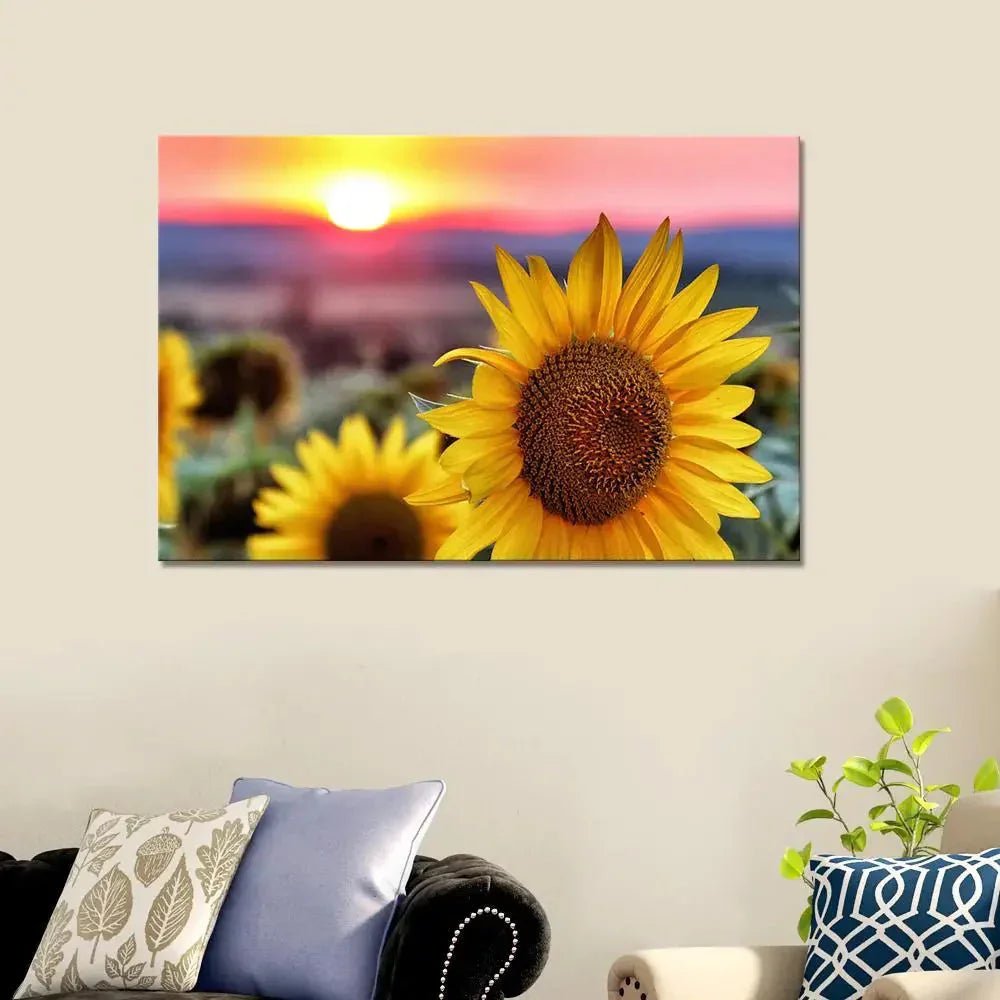 Sunflower With Sunset Scenery Canvas Prints Wooden Wall Painting - All India Decor