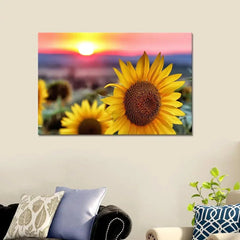 Sunflower With Sunset Scenery Canvas Prints Wooden Wall Painting - All India Decor