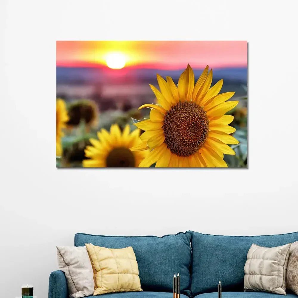 Sunflower With Sunset Scenery Canvas Prints Wooden Wall Painting - All India Decor