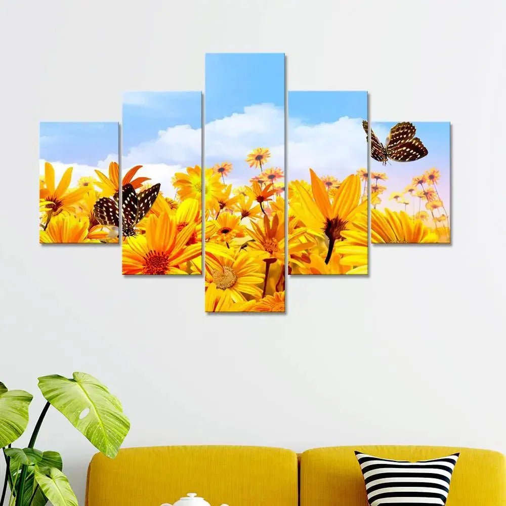 Sunflower Garden With Butterfly 5 Pieces Canvas Print Wall Painting - All India Decor
