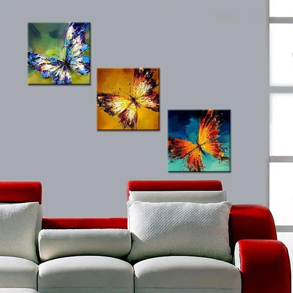 Beautiful Colorful Butterflies Canvas Print 3 Pieces Wall Painting Stretched and Framed on Wood - All India Decor