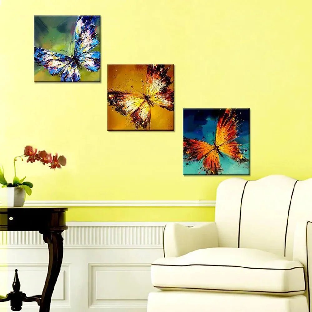 Beautiful Colorful Butterflies Canvas Print 3 Pieces Wall Painting Stretched and Framed on Wood - All India Decor