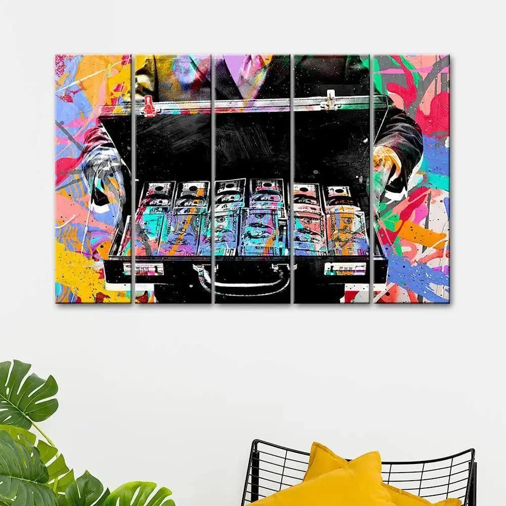 Lucky Briefcase Filled by Dollars Modern Art 5 Pieces Canvas Print Wall Painting - All India Decor